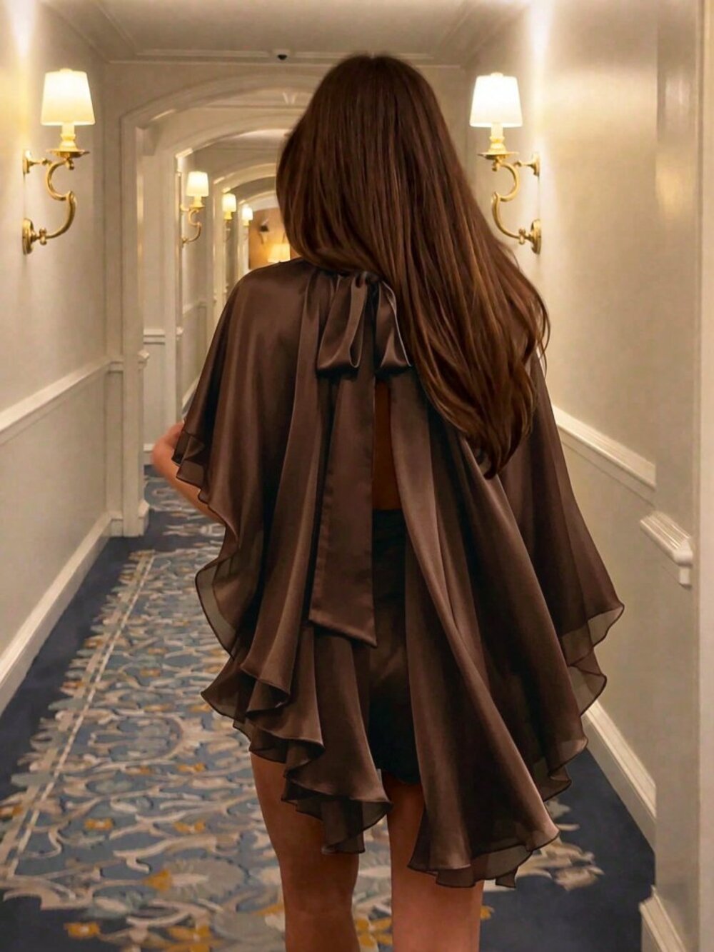 Brown Casual Women's Regular Batwing Plain Asymmetrical Crop Halter Blouse
